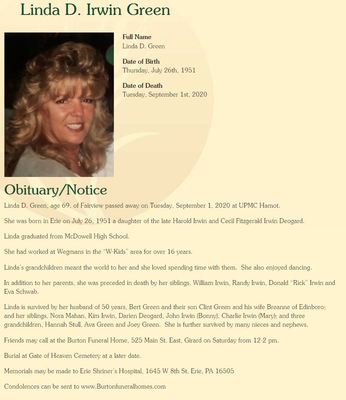 Linda D. Irwin Green
Linda D. Green, age 69, of Fairview passed away on Tuesday, September 1, 2020 at UPMC Hamot.

She was born in Erie on July 26, 1951 a daughter of the late Harold Irwin and Cecil Fitzgerald Irwin Deogard.

Linda graduated from McDowell High School. 

She had worked at Wegmans in the â€œW-Kidsâ€ area for over 16 years.

Lindaâ€™s grandchildren meant the world to her and she loved spending time with them.  She also enjoyed dancing.

In addition to her parents, she was preceded in death by her siblings, William Irwi
